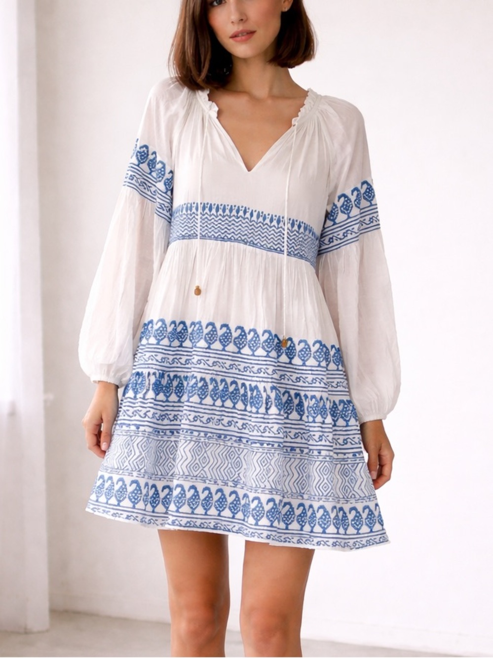 Oliphant Blue White Boho Print Mini Dress Peasant Tunic Resort wear Cotton M